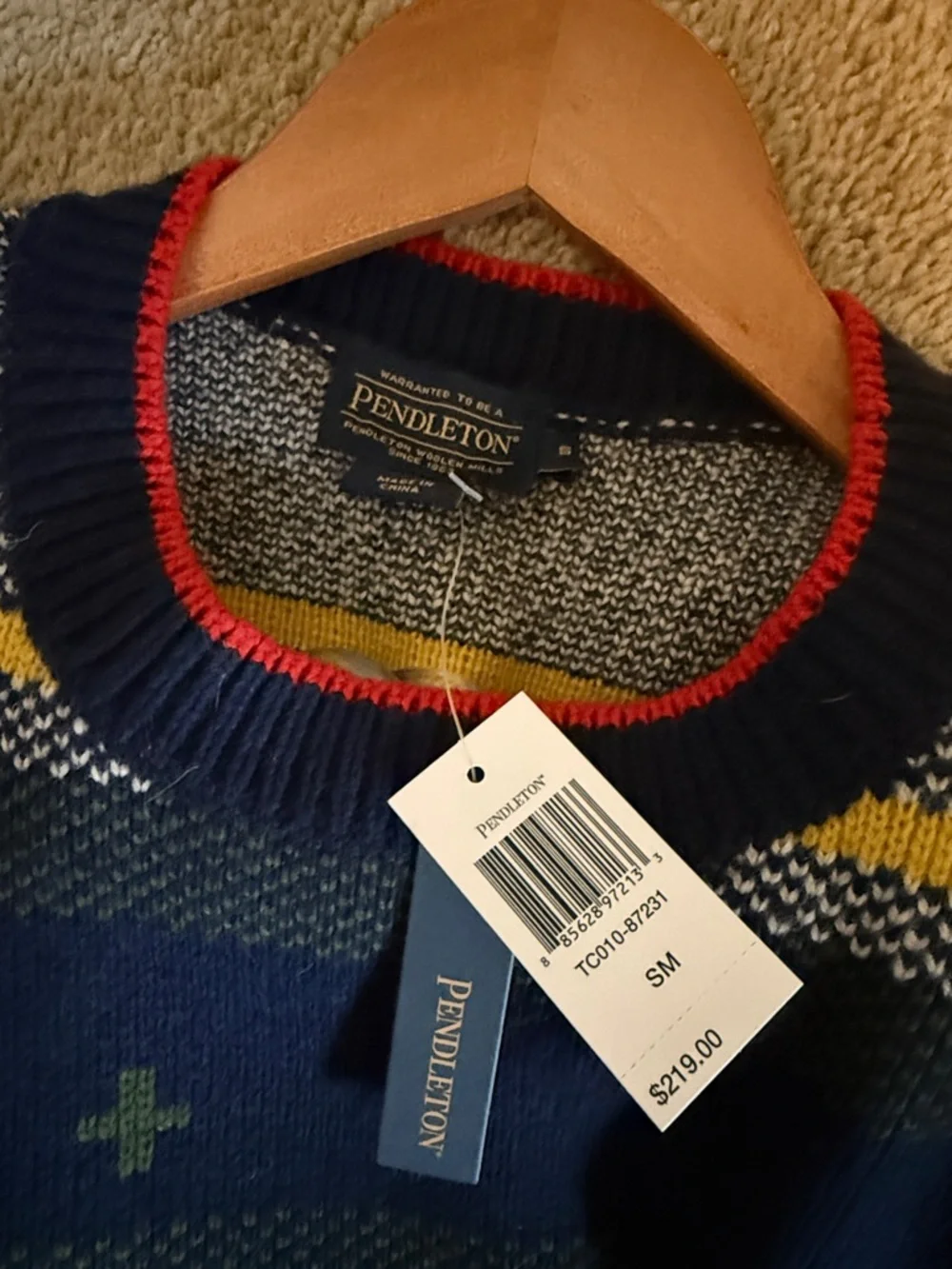 Pendleton Navy Crewneck Sweater with Multicolor Stripes - Picture 3 of 3